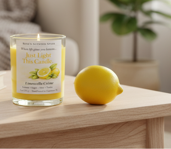 Limoncello Crème citrus coconut wax candle on a wooden table next to a fresh lemon in a cozy living room