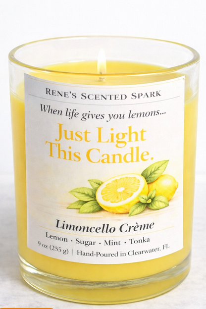 Hand-poured Limoncello Crème citrus candle with bright yellow wax and lemon label in a glass jar