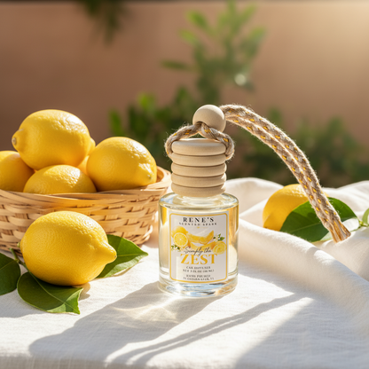 Simply the Zest lemon cake and vanilla car freshener by Rene’s Scented Spark displayed with fresh lemons, green leaves, and a woven basket in warm sunlight. 🍋☀️
