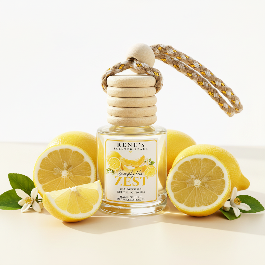 Simply the Zest lemon cake and vanilla hanging car freshener by Rene’s Scented Spark surrounded by fresh lemons and citrus blossoms. 🍋💛