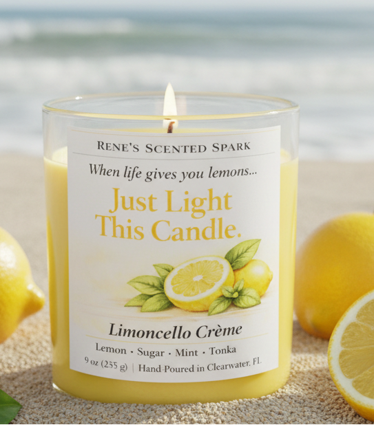 lemon scented candle on a beach setting with lemons