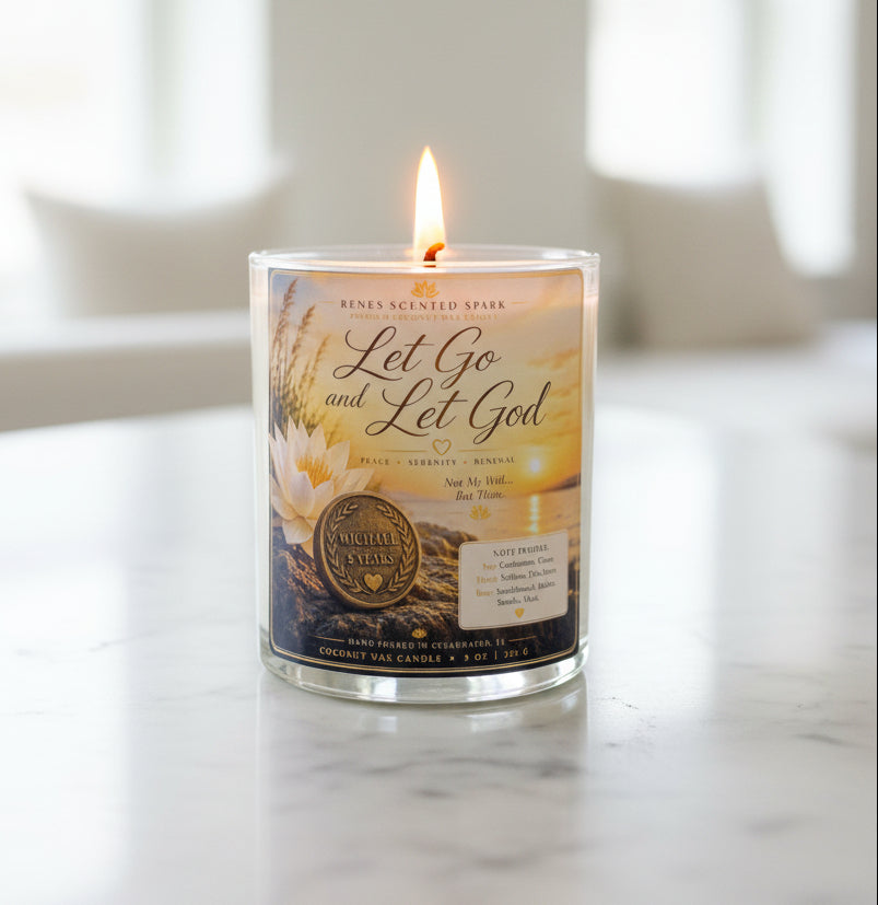 Personalized Let Go and Let God recovery candle with a custom sobriety milestone coin, lotus flower artwork, and premium coconut wax. Handmade gift celebrating sobriety milestones, recovery, hope, and new beginnings.