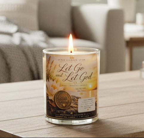 Personalized Let Go and Let God recovery candle displayed in a cozy home setting with a custom sobriety milestone coin. Handmade coconut wax candle celebrating recovery, hope, faith, and sobriety milestones.