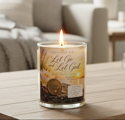 Personalized Let Go and Let God recovery candle displayed in a cozy home setting with a custom sobriety milestone coin. Handmade coconut wax candle celebrating recovery, hope, faith, and sobriety milestones.