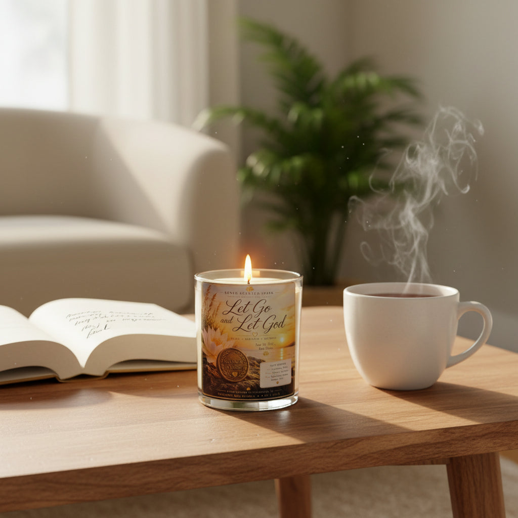 Personalized Let Go and Let God recovery candle displayed beside a steaming coffee mug and open book. Handmade coconut wax candle featuring a custom sobriety milestone coin, celebrating recovery, faith, hope, healing, and new beginnings.