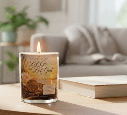 Personalized Let Go and Let God recovery candle displayed beside an open book in a cozy sunlit living room. Handmade coconut wax candle featuring a custom sobriety milestone coin, celebrating recovery, faith, hope, healing, and new beginnings.