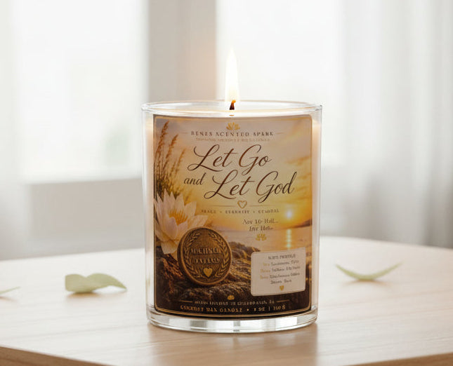 Personalized sobriety candle with a custom recovery milestone coin, Let Go and Let God label, lotus flower artwork, and premium coconut wax. Handmade addiction recovery gift for sobriety anniversaries, recovery milestones, faith-inspired encouragement, and healing.