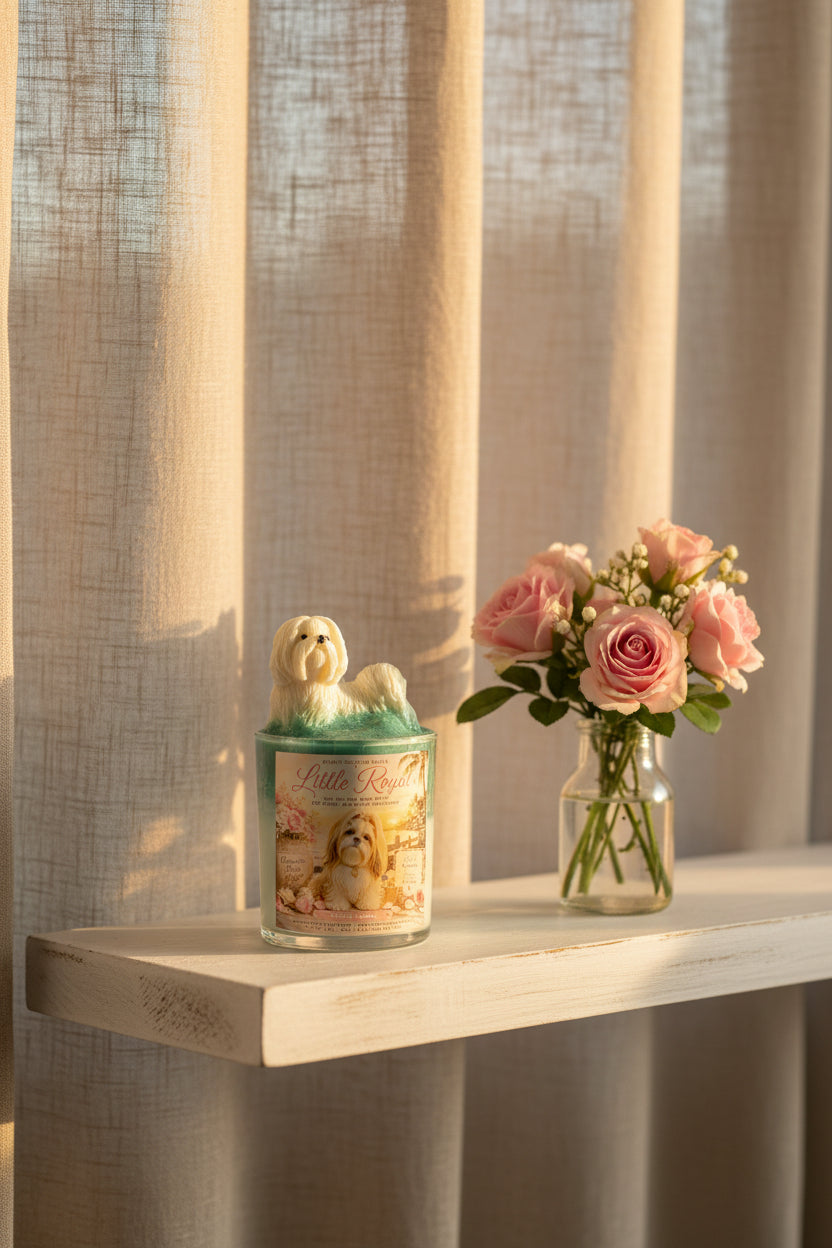 Candle with a dog design and a vase of pink roses on a shelf with curtains in the background