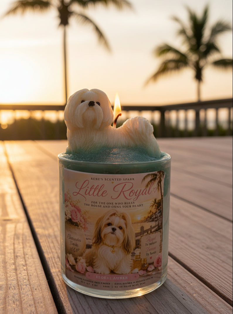Candle in a tin labeled 'Little Royal' with a dog design on a wooden surface at sunset.