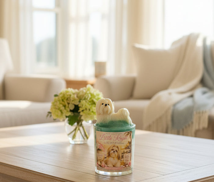 A luxury candle featuring a handcrafted Maltese dog wax topper displayed on a white coastal porch overlooking the ocean. Soft sea breezes move sheer curtains while fresh flowers decorate the table. A happy Maltese sits nearby looking toward the candle.