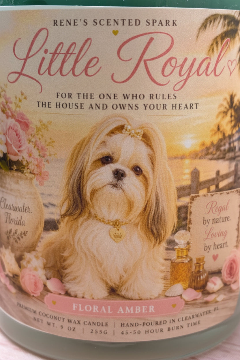 Little Royal candle dog illustration and text on a wooden surface