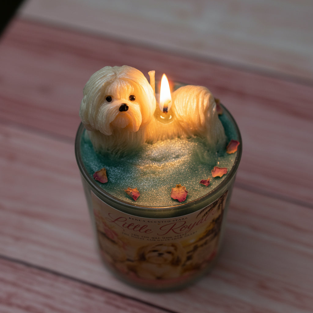 Candle in a jar with a dog-shaped candle inside, on a wooden surface.