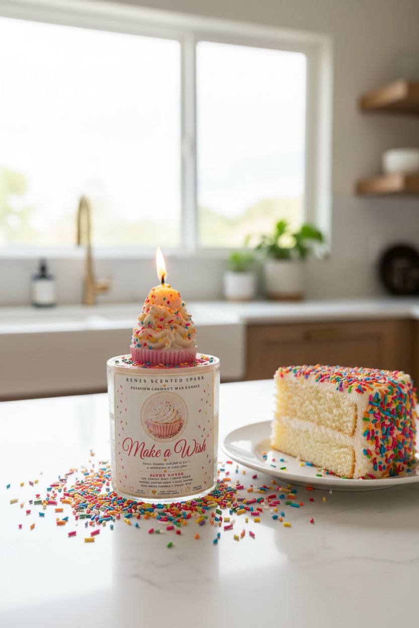 Make a Wish coconut wax candle with a lit white frosting cupcake topper and colorful sprinkles, displayed beside a slice of sprinkle birthday cake.