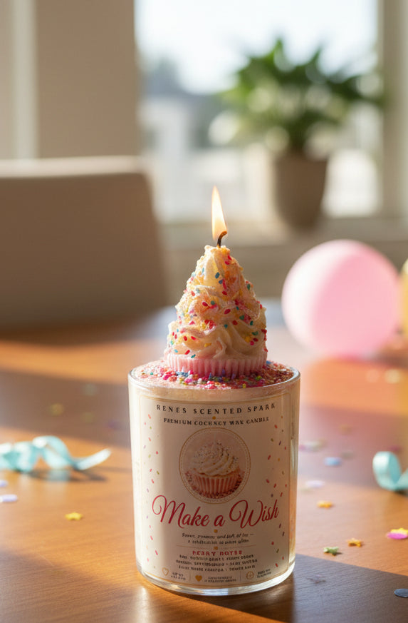 Make a Wish coconut wax candle with a lit white frosting cupcake topper covered in colorful sprinkles, styled with pastel balloons, confetti, and curling party ribbons.