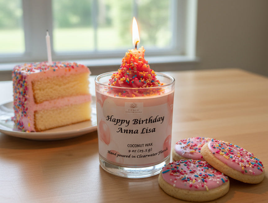 Birthday-themed candle with cookies and cake on a table