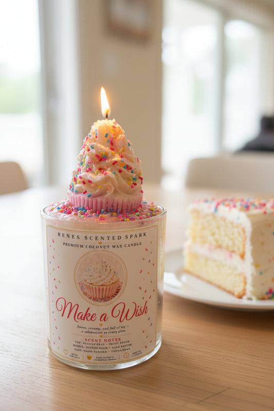 Make a Wish coconut wax candle with a lit white frosting cupcake topper covered in colorful sprinkles, displayed beside a slice of birthday cake.