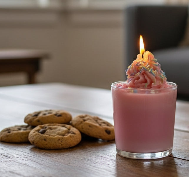 Pink candle with a colorful wick next to cookies on a wooden table