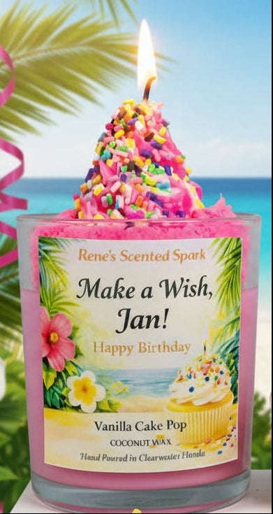 Birthday-themed candle with colorful sprinkles and a tropical background