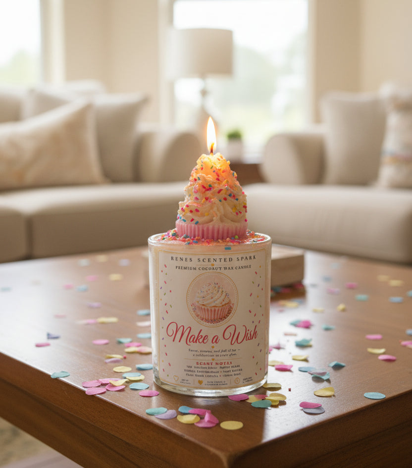Make a Wish coconut wax candle with a lit white frosting cupcake topper covered in colorful sprinkles, displayed on a table surrounded by pastel birthday confetti.