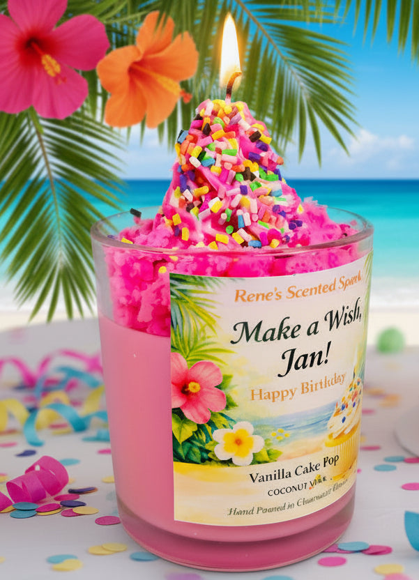 personalized birthday candle with two shades of pink with sprinkles in a tropical background