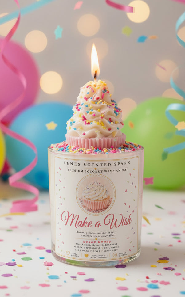 Make a Wish coconut wax candle with a lit white frosting cupcake topper covered in colorful sprinkles, styled with balloons, curling ribbons, confetti, and glowing party lights.