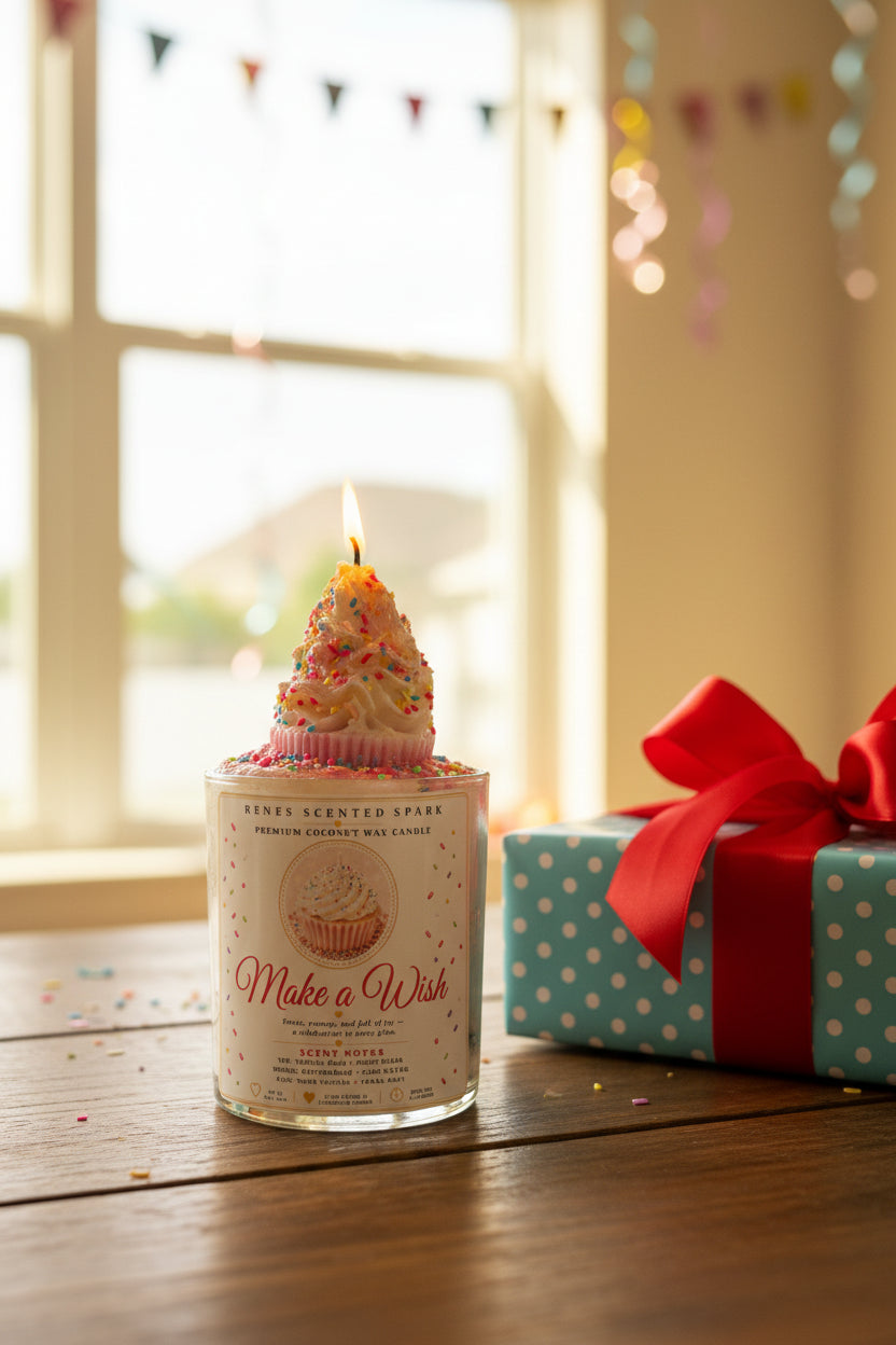 Make a Wish coconut wax candle with a lit white frosting cupcake topper covered in colorful sprinkles, displayed beside a wrapped birthday gift with a red ribbon and festive party decorations.