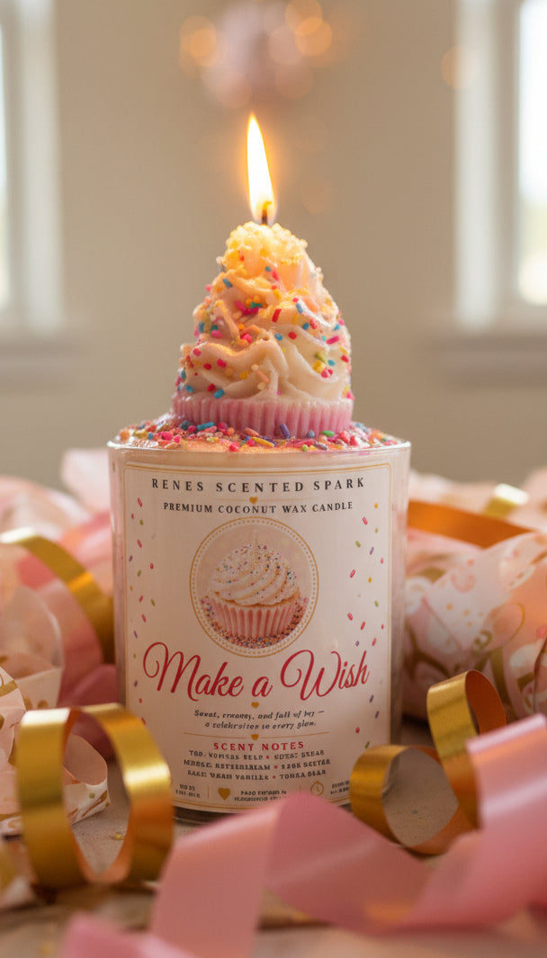 Make a Wish coconut wax candle with a lit white frosting cupcake topper covered in colorful sprinkles, styled with pink and gold curling birthday ribbons.