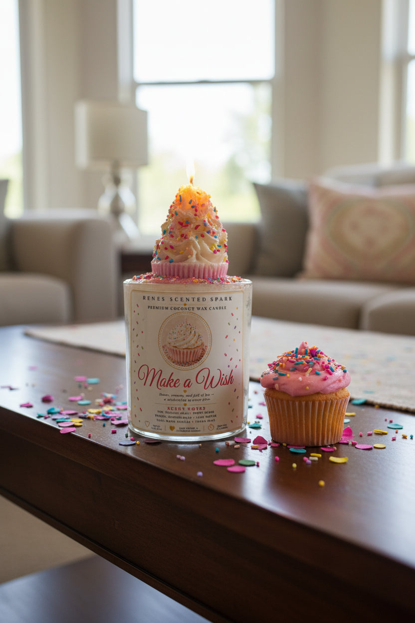 Make a Wish coconut wax candle with a lit white frosting cupcake topper covered in colorful sprinkles, displayed beside a pink frosted cupcake with pastel birthday confetti.
