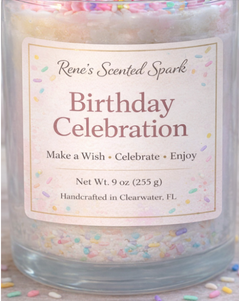 Candle labeled 'Birthday Celebration' with colorful sprinkles on a white background