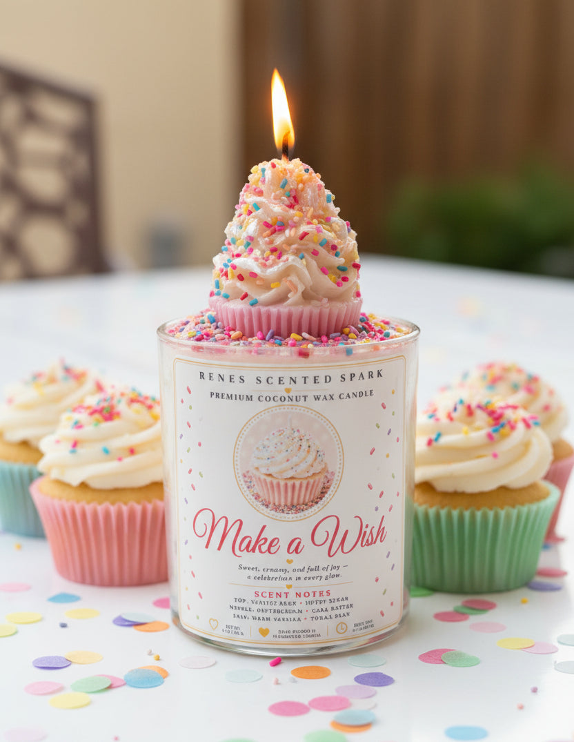 Make a Wish coconut wax candle with a lit white frosting cupcake topper covered in colorful sprinkles, displayed with frosted cupcakes and pastel birthday confetti.