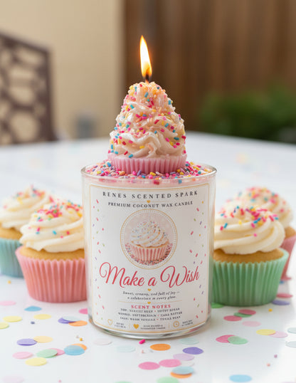 Make a Wish coconut wax candle with a lit white frosting cupcake topper covered in colorful sprinkles, displayed with frosted cupcakes and pastel birthday confetti.