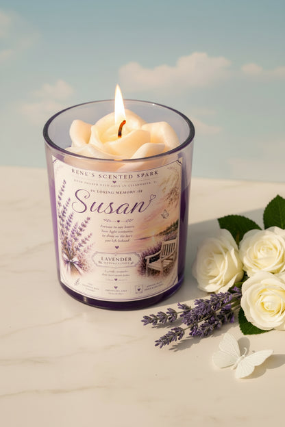Forever in Our Hearts personalized memorial candle with Susan label, lavender and chamomile, 9 oz purple glass jar