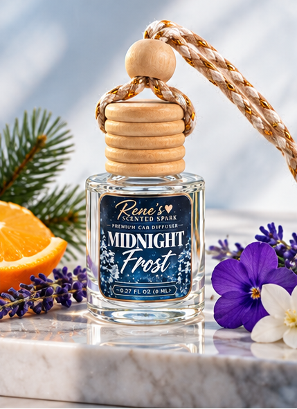 Midnight Frost car freshener by Rene’s Scented Spark displayed with fresh orange, pine, lavender, violet, and white floral accents