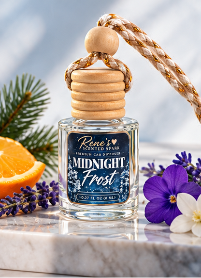 Midnight Frost car freshener by Rene’s Scented Spark displayed with fresh orange, pine, lavender, violet, and white floral accents