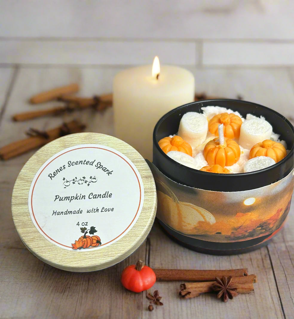 Hand-poured Mini Glow Candle in a 4 oz silver tin with pumpkin design, perfect for fall gifts or custom business branding