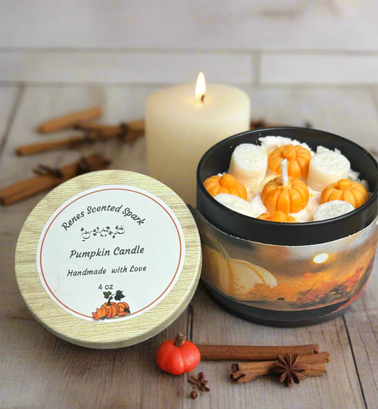 Hand-poured Mini Glow Candle in a 4 oz silver tin with pumpkin design, perfect for fall gifts or custom business branding