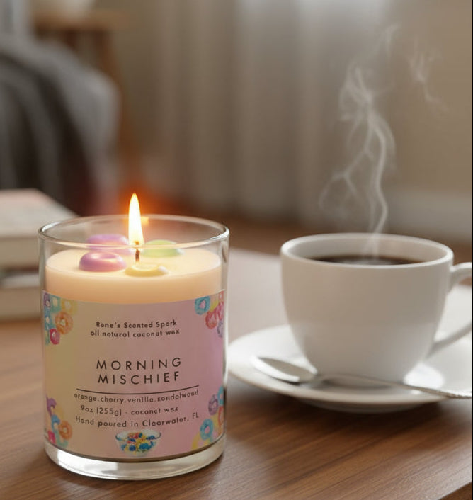 Morning Mischief coconut wax candle with colorful cereal-inspired wax pieces next to a bowl of fruit loops, evoking cheerful Saturday mornings.