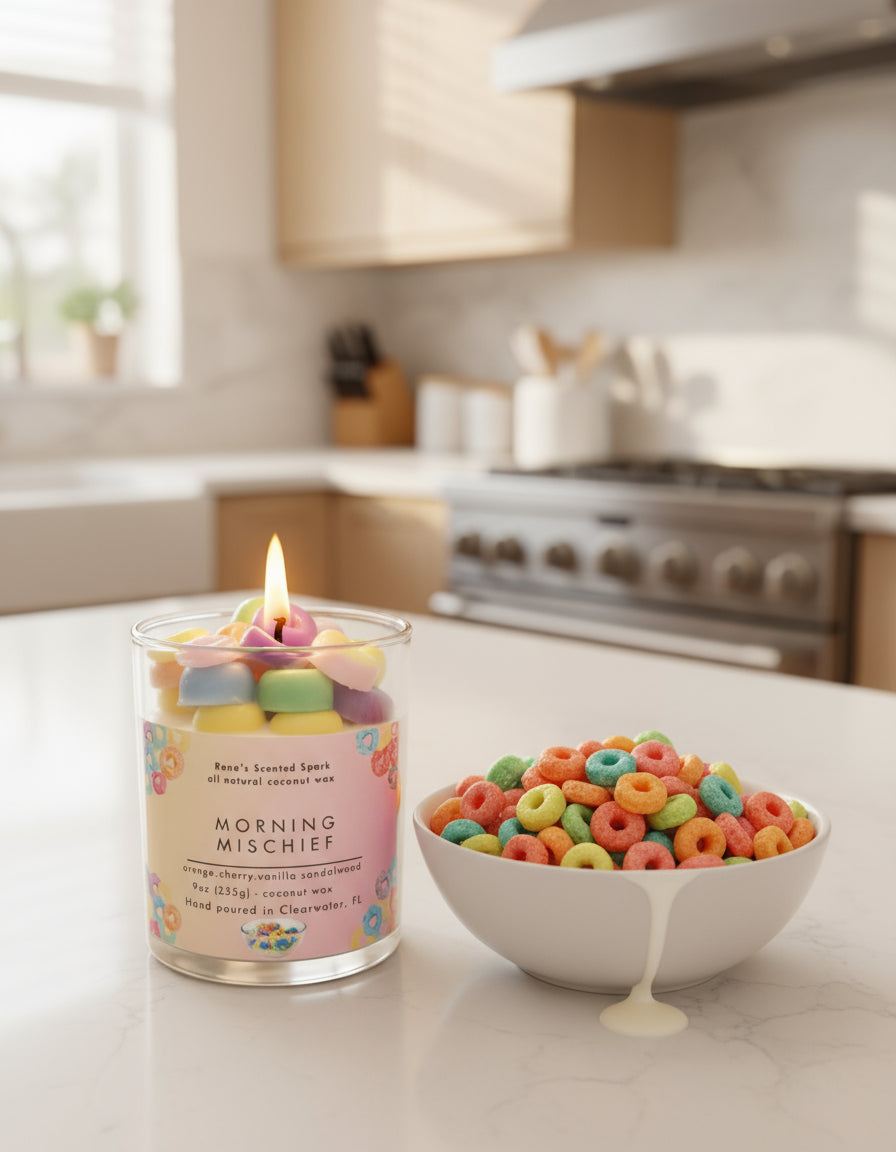 Morning Mischief coconut wax candle with colorful cereal-inspired wax pieces next to a bowl of fruit loops, evoking cheerful Saturday mornings.