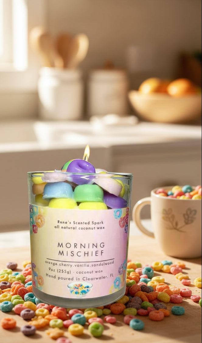 Morning Mischief coconut wax candle with colorful cereal-inspired wax pieces next to a bowl of fruit loops, evoking cheerful Saturday mornings.