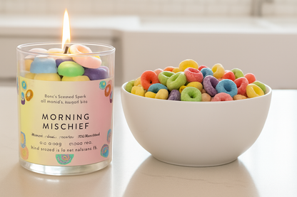 Morning Mischief coconut wax candle with colorful cereal-inspired wax pieces next to a bowl of fruit loops, evoking cheerful Saturday mornings.