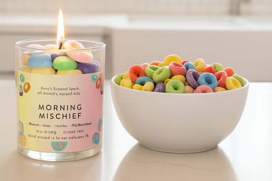Morning Mischief coconut wax candle with colorful cereal-inspired wax pieces next to a bowl of fruit loops, evoking cheerful Saturday mornings.