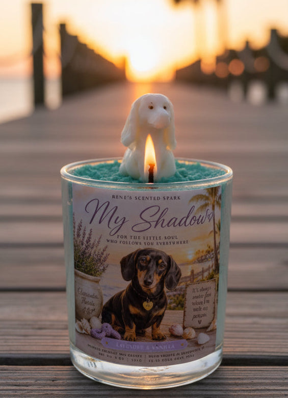 My shadow Candle with a dog figurine on a wooden dock at sunset