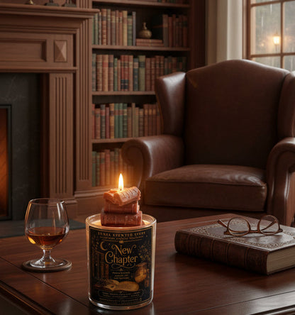 New Chapter coconut wax candle with a hand-sculpted book wax topper displayed in a cozy library beside a leather reading chair, vintage books, and a warm drink. Hand-poured in Clearwater, Florida.