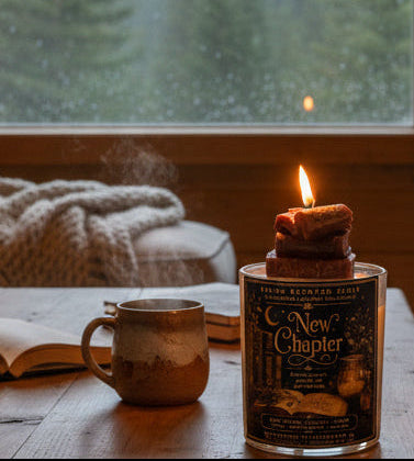 A lit candle in a clear glass jar with a dark decorative label reading 'New Chapter' sits on a wooden table by a window. A ceramic mug, an open book, and a knitted blanket are nearby in a cozy indoor setting.