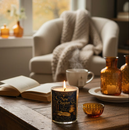 New Chapter coconut wax candle with a hand-sculpted book wax topper displayed on a rustic coffee table beside an open book, steaming coffee, and cozy living room décor. Hand-poured in Clearwater, Florida.