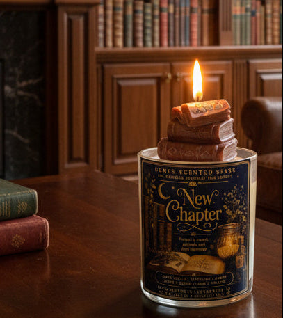 New Chapter coconut wax candle with a hand-sculpted book wax topper displayed on a wooden table in a cozy library surrounded by vintage books. Hand-poured in Clearwater, Florida for book lovers and cozy reading spaces.