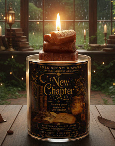 A lit scented candle in a clear glass jar sits on a wooden table in a cozy indoor setting with warm window light and string lights in the background. The candle wax is shaped like stacked books, and the jar label reads 'New Chapter'