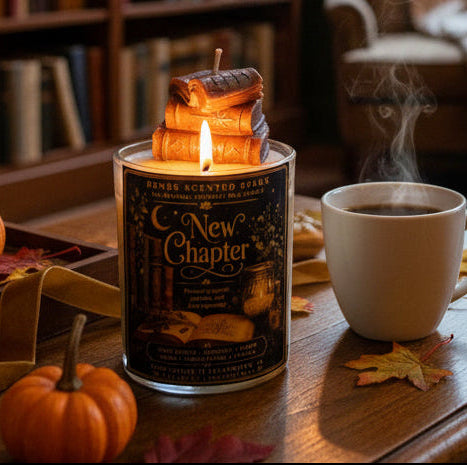 A lit scented candle in a clear glass jar sits on a wooden table, styled with a small orange pumpkin, autumn leaves, and a white mug with rising steam in a cozy indoor setting. The label reads 'New Chapter' and 'Pensive Scented Candles'.
