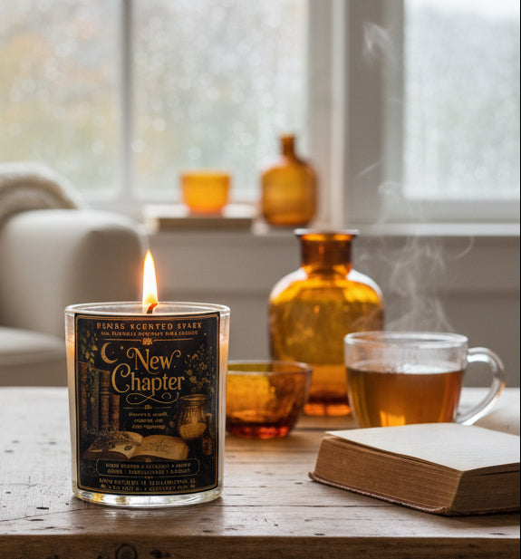 New Chapter coconut wax candle with a hand-sculpted book wax topper displayed on a wooden library table surrounded by antique books. Cozy book lover candle hand-poured in Clearwater, Florida.