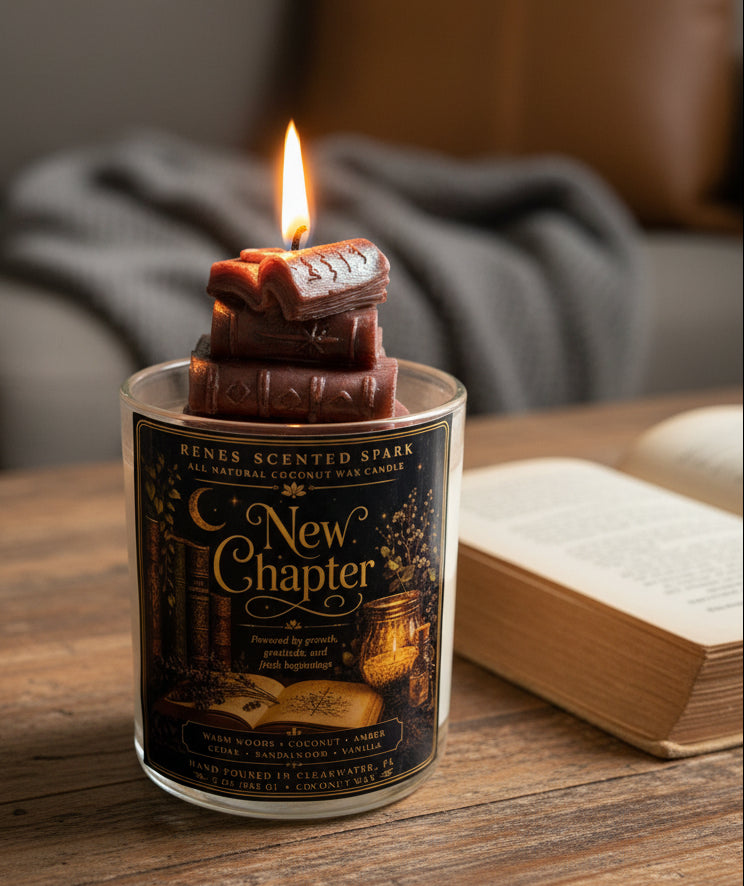 A 'New Chapter' scented spark candle in a clear glass jar, featuring a dark brown wax taper shaped like a book and pages, with a black and gold label.